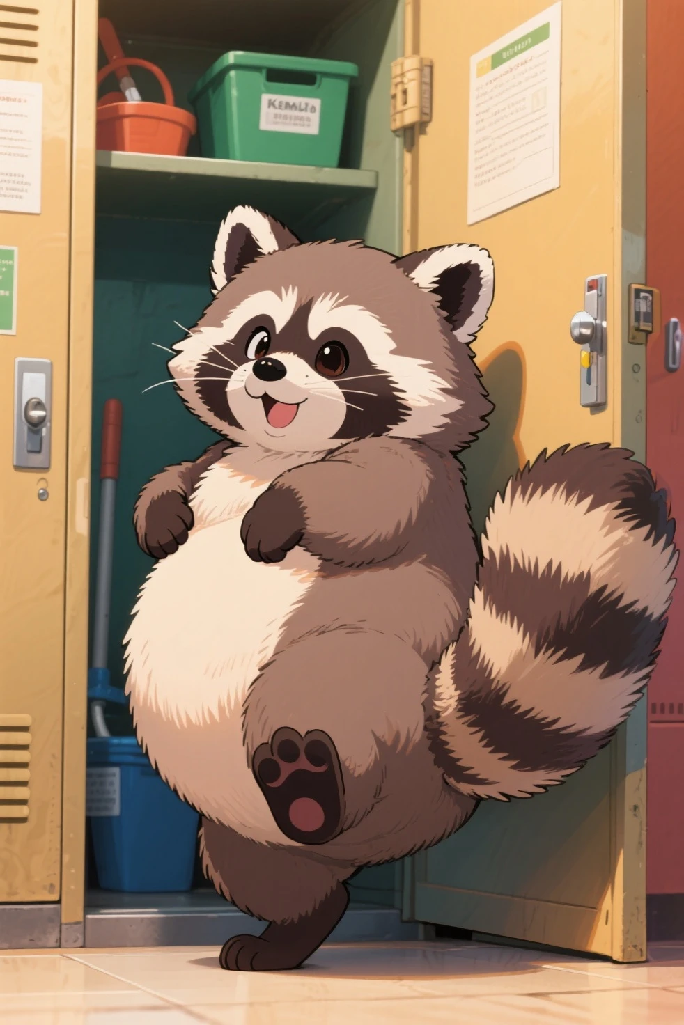 ((drawn by wadorigi on Twitter)(tanuki(Japanese raccoon dog))),big , chubby, bipedal, pure white and skyblue fur, wearing pampers disposable soggy diaper, dancing like ballerina, in laboratory , 3d realistic