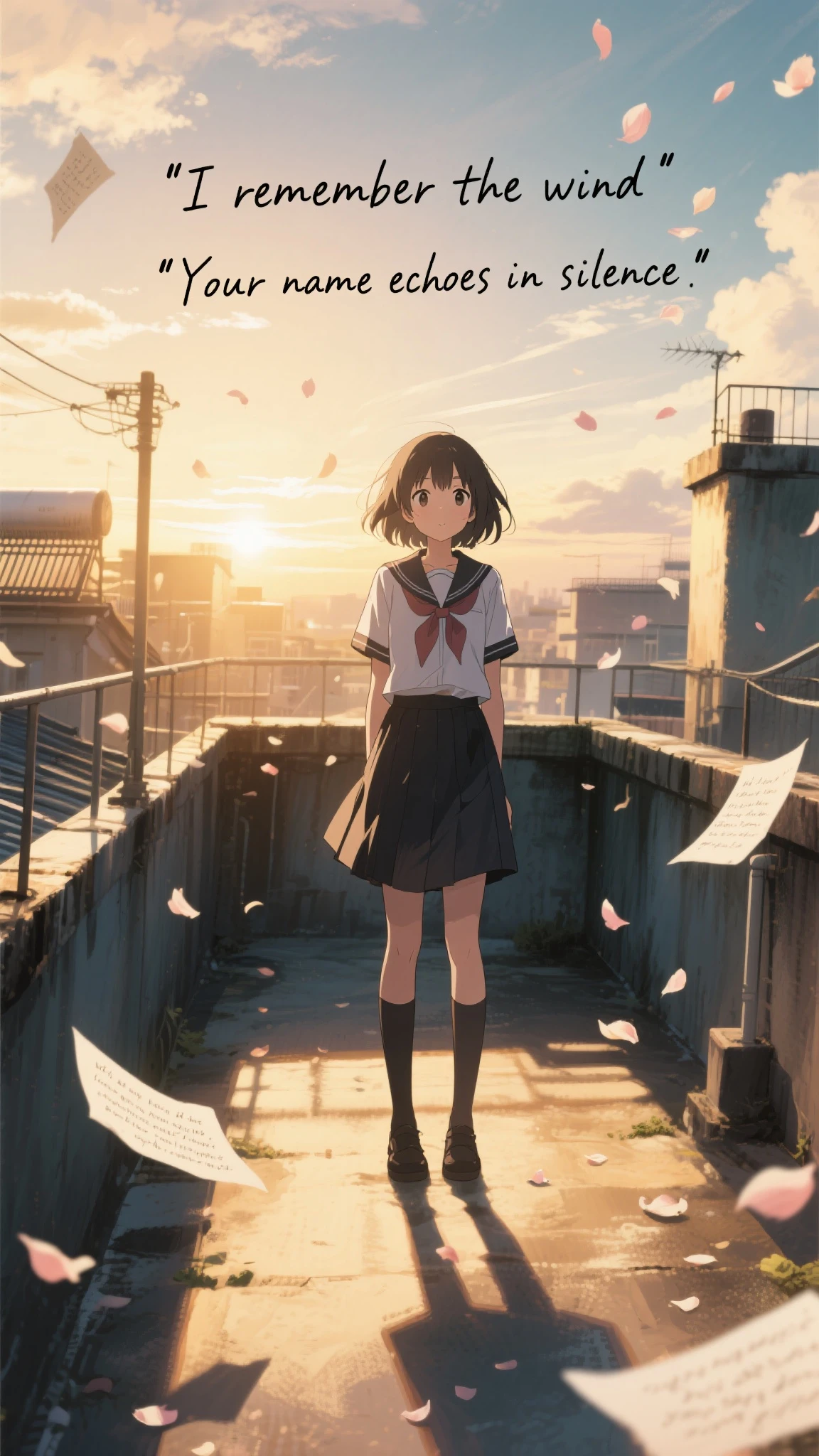 a cinematic anime-style rooftop scene at golden hour, petals and handwritten poem fragments gently floating through the air, one or two short readable English lines like "I remember the wind" or "Your name echoes in silence", warm sunlight and long shadows, nostalgic atmosphere, soft clouds in the sky with subtle ink writing, a schoolgirl standing still, painterly light and textures
