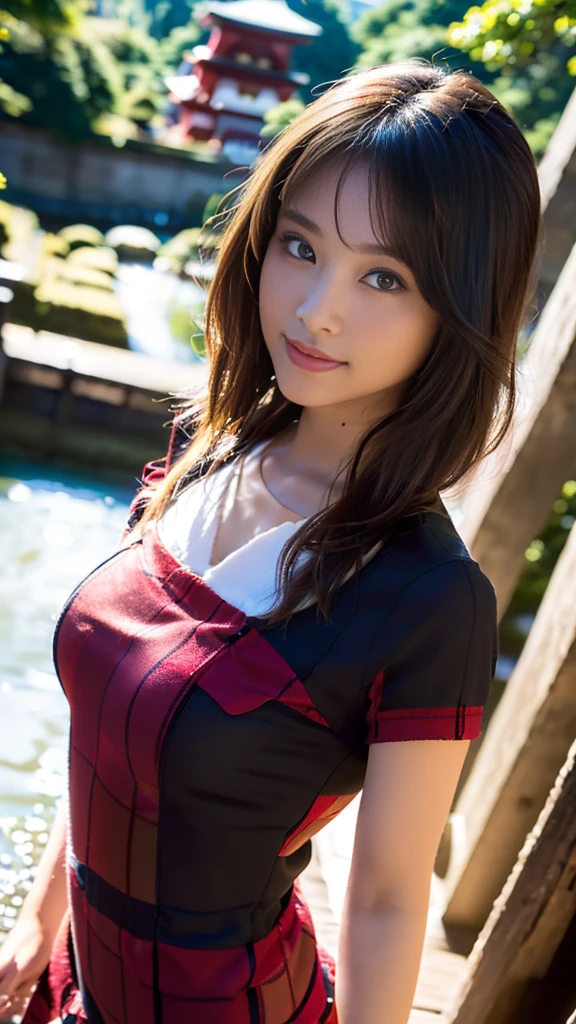 highest quality, figure, Ultra-detailed, finely, High resolution, 8K Wallpaper, 完璧なダイナミックな構figure, ((Sexy pose)), Beautiful Skin, (Big Eyes), 20 year old beauty, Natural color lip, Mid chest, smile, Highly detailed face and skin texture, Detailed eyes, Double eyelid,leaking teeth and laughing, close-up, from behind, Black bob hair, (Red blouse:1.2), Beautiful Forest
