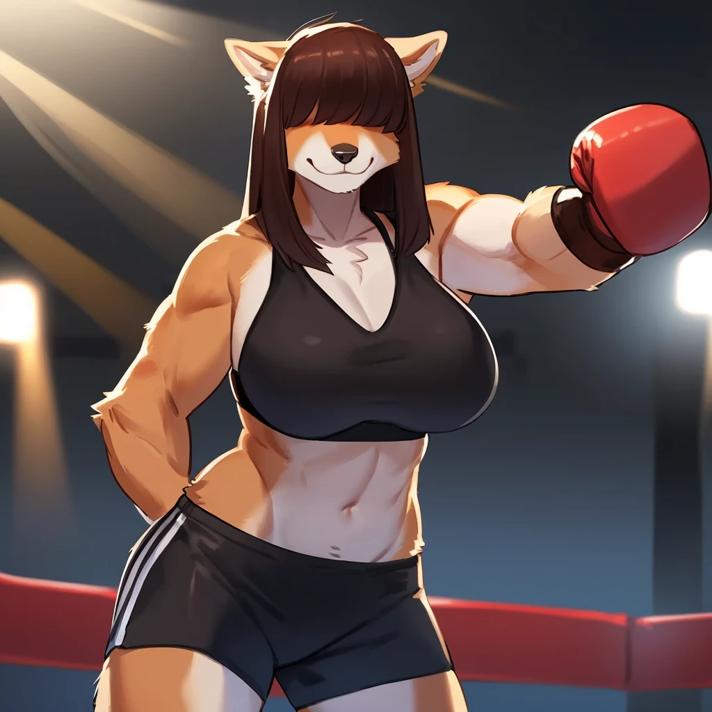 By bebebebebe, by lostgoose, by goonie-san, female, ((canine, snout, hair covering eyes, straight hair, medium hair, flat hair, ears, thin snout)), brown fur, big poofy tail, raised tail, dark maroon hair, ((muscular, big breasts)), solo, ((excited)), smirking, open mouth, boxing gloves, boxing ring, facing viewer, punching at viewer, dynamic pose, action lines