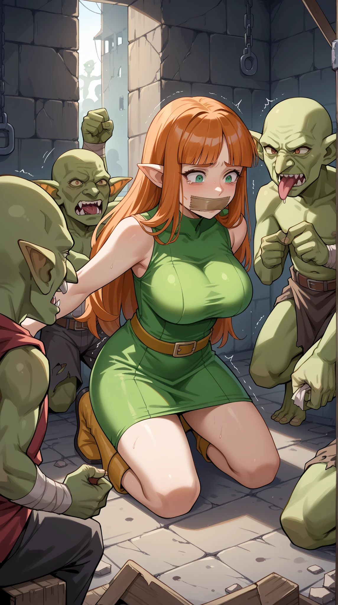 urarakamha,masterpiece, best quality, highres, brown hair, short hair, uraraka ochako, blush stickers, brown eyes,,puffy nipple,huge breasts, (highres, best quality), score_9, score_8_up, score_8,ochako uraraka, choker, showing lots of skin, soft breasts, cum on clothes, nipple piercing, score_9, score_8_up, score_7_up,human girl:10,blonde girl,standing,arms tied up with chain,chained girl,slave room,scars on body:10,scratches:10,pussyjuice:10,wet pussy,sweaty:10,arms up,sweat puddle on floor,goblin cave:10,dark cave:10,1boy,paizuri,titjob,?????