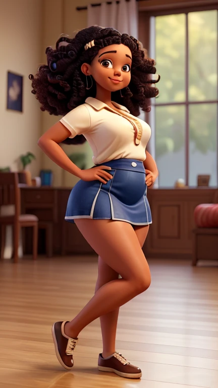 black woman, big curly hair, septum piercing, short white shirt, breast piercing, short white skirt, in a club