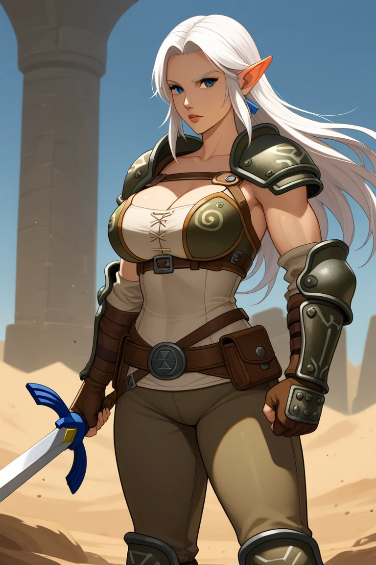 1chica, young, green eyes, silver hair, SERIOUS LOOK, with cloth armor, toned body, tattoos on an arm, black rapier with gold hilt, good shape, deep neckline, round butt, in a desert background.