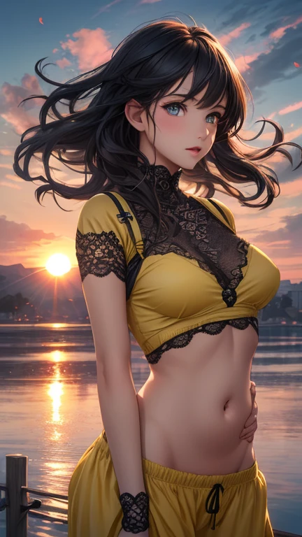 ((Biologically correct limb count)),((Natural finger shape)),((Full Body Shot,Including face)),Standing position,4K,masterpiece,((Focus on the face)),((Symmetrical facial features)),Eye for detailed depiction,Beautiful woman,Excellent style,Beautiful feet,(Small Ass,Thin thighs),(Patterned black stockings,High heels),Facial detailing,Small earrings,necklace,Low angle photo,((Yellow lace bra and lace panties,Lifting the skirt to reveal panties)),Park scenery on a holiday morning,Strong sunlight,(((A facial expression of pleasure))),(((Lean your body back and sit on the ground))),((Hands lifting from under your chest)),(Face the camera),Photograph the side of the body,focus on the crotch,Long blonde