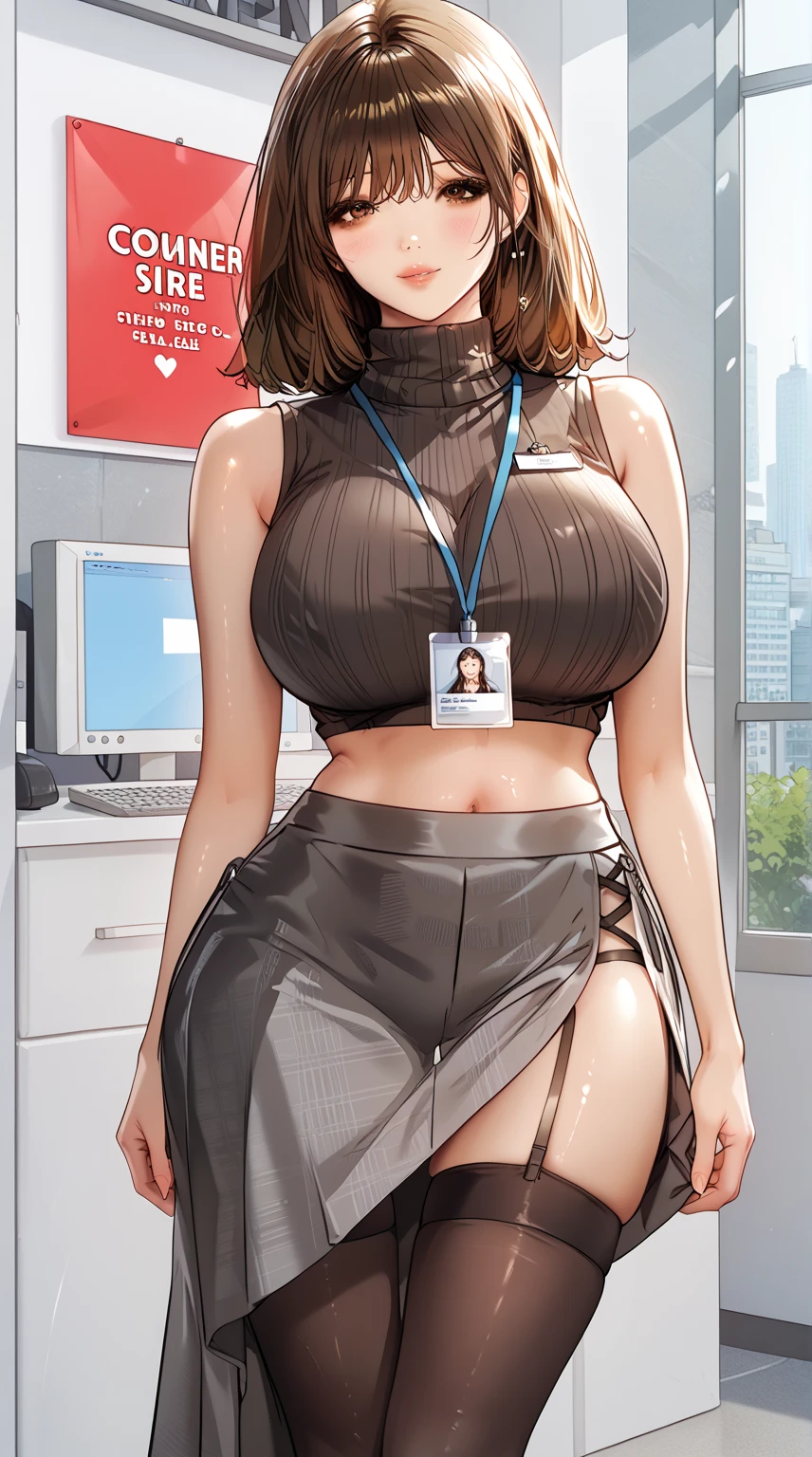 (masterpiece), (4k), ) (vivid colors), (evening light) 40 year old woman with short brown hair, dressed as an ordinary housewife with a long simple brown dress and a black belt with a seductive pose and look, huge and very sagging chest