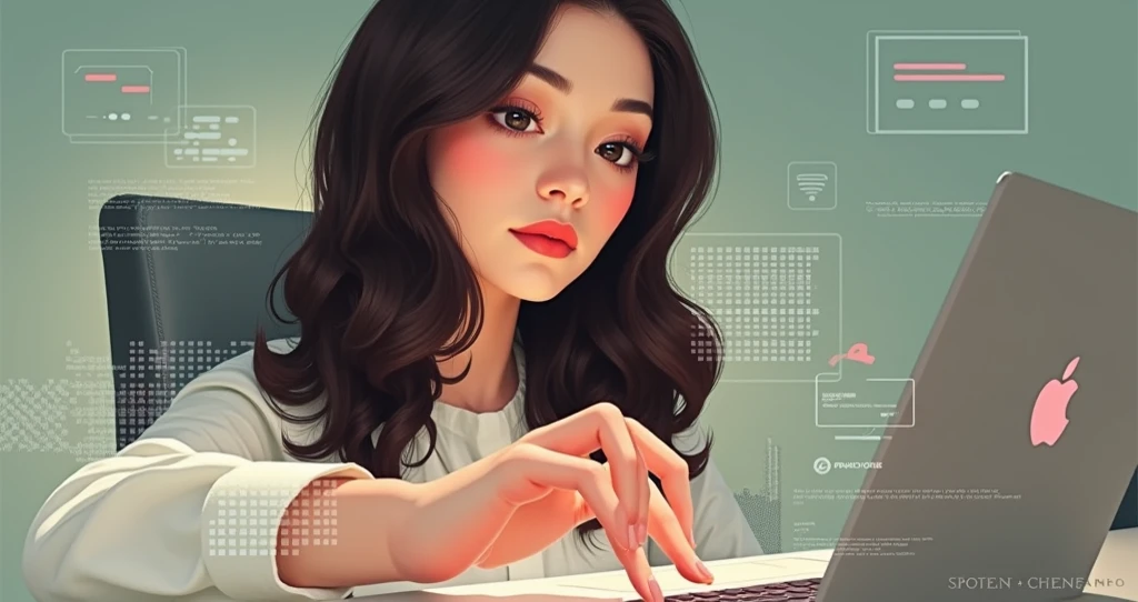 cartoon, vector illustration, no gradient, solid color fill, a beautiful indonesian girl, solo, (1girl:1.9), Long straight Black Hair, Brown Eyes, Almond shaped Eyes, Heart shaped Face, Roman Nose, Olive Skin, detailed skin, no makeup, natural look, imperfect skin, (athletic fit-muscled body:1.2), defined abs, 8k, highly detailed, soft light, (white background:1.2), full smile, (red business suit:1.5), (looking seriously to laptop on desk:1.9), full body view