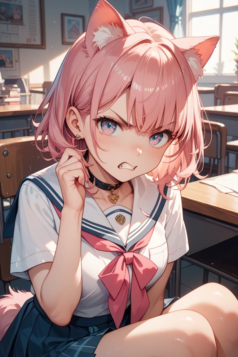 ((masterpiece, best quality)), high resolution,ultra detailed,8k,16k,detailed background, perfect lighting, 1girl, nsfw,embarrassed,blush, closed eyes,steam,confused,(cum facial,cum on hair,bukkake,cum on face:1.4),close up face,open mouth,stick tongue out,(from front,portrait, from above:1.2),kneeling,fair skin,(flat chest),short stature,tiny,diona,(bangs up knot,forehead),pink hair,blue eye,cat ear,cat tail,wooden house,school wear
