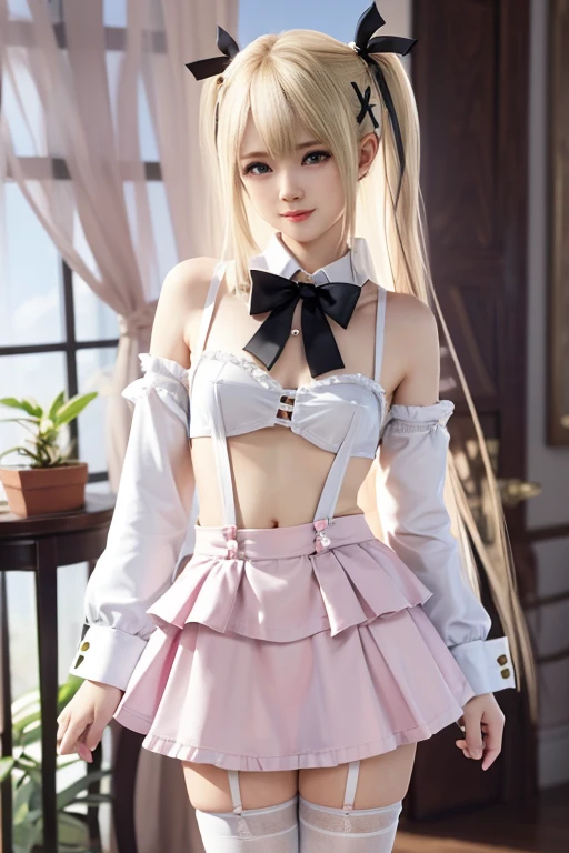 masterpiece, high quality, 1girl, gyaru, blonde hair, pink eyes, school uniform, thighhighs, pink bra