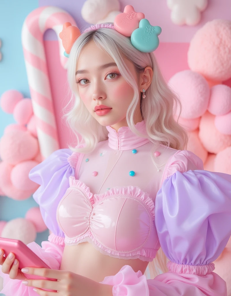 Female idol covered in jellyfish、full body Esbian、、Clown fashion full of jellyfish(Leotard style)、Clown hat、Fluorescent color、Luminescent