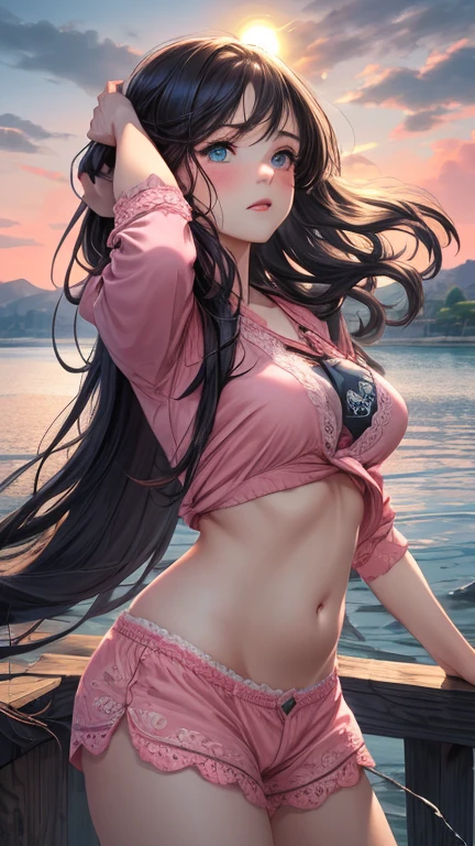 a chinese women dressed in bikinis wearing a pink head scarf, 1 girl, phone, swimsuit, selfie, bikini, long hair, solo, breasts, navel, cellphone, holding phone, black hair, white bikini