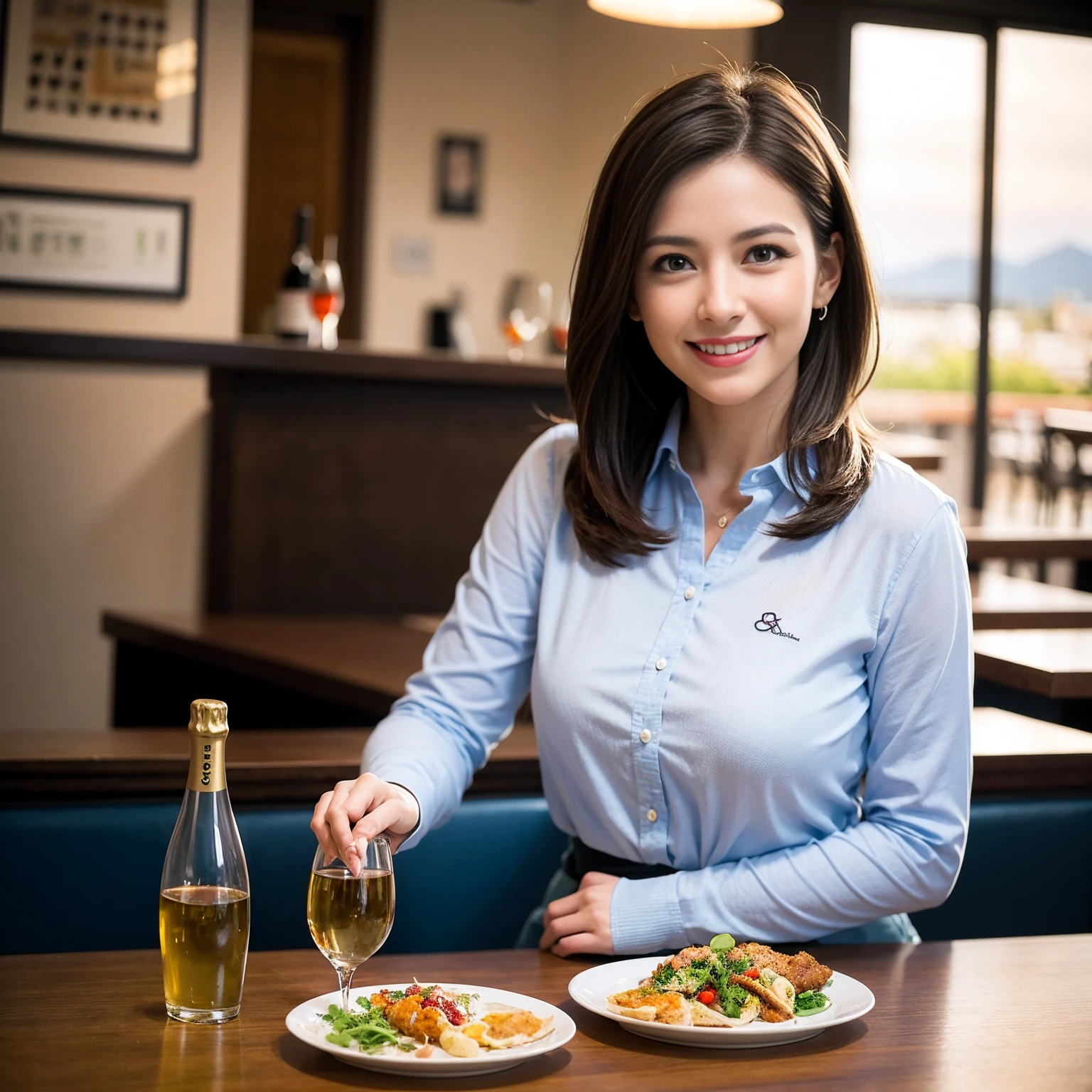 ((Highest quality、8k、masterpiece:1.3))、Slim couple、Pink rubber、Model Couple、(Realistic, Intricate details:1.2), full-course dinner、Wine 、Amazing view of the sunset sky and clouds、A bright smile、The wonderfulness of smile、Bright image、Wineの美しさ, Beautiful Face, Blue eyes, The light shines on your face, blush, short hair,Bright Face、 (Age 37), 39 years old, 赤Wine 、Appetizers、Italian food、Wine bottle、Champagne、スパークリングWine、Two beauties、Brown Hair、Shortcuts、Long sleeve shirt、dress、Beautiful woman 1, (Slim face), (The body is slim), (Brown Hair), (Shortcuts), cheeks turn a little red,Attractive beauty、restaurant, In a prominent place (From the waist up) Nova Frog Style, actress, model, Upper Body, 白Wine, slim, Wineグラス, 中央に置かれたWineグラス, smile, (smile: 1.15), Beautiful fine grain, Depth f/2,saturation, High Contrast, Strong light and shadow,Moist Body:1.5、3D texture、Delicate eyes、Brown Hair、The hair is very shiny、