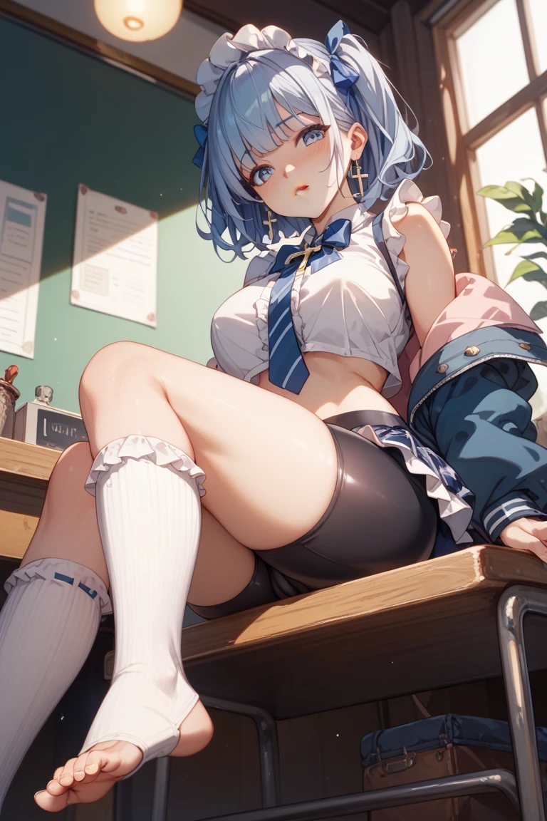 、Backwards、Lift up your skirt、School classroom、Get on all fours on the desk、、Showing panties、Blushing、I can see her panties、Pull up your skirt、Blushing、Blue Hair
