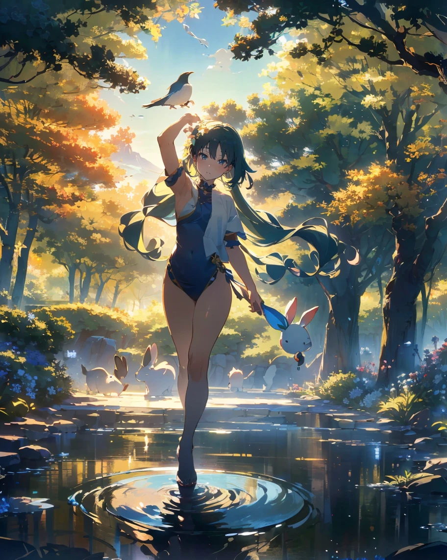 A beautiful long-haired nude all girl walking on a bamboo bridge, with a river below filled with countless crocodiles opening their mouths waiting for the girl to fall, above the girl's head is a flock of pigeons carrying folded letters to her.