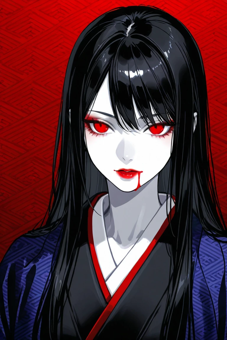 (masterpiece, best quality:1.2), cover image, splashed color background, highly detailed, colorful black, 1 girl, long silver hair, red eyes, short hair, blunt bangs, mannequin, cool face, (((white Kimono))), illustration, horror art, dread, creepy, blood, blood eyes, gore
