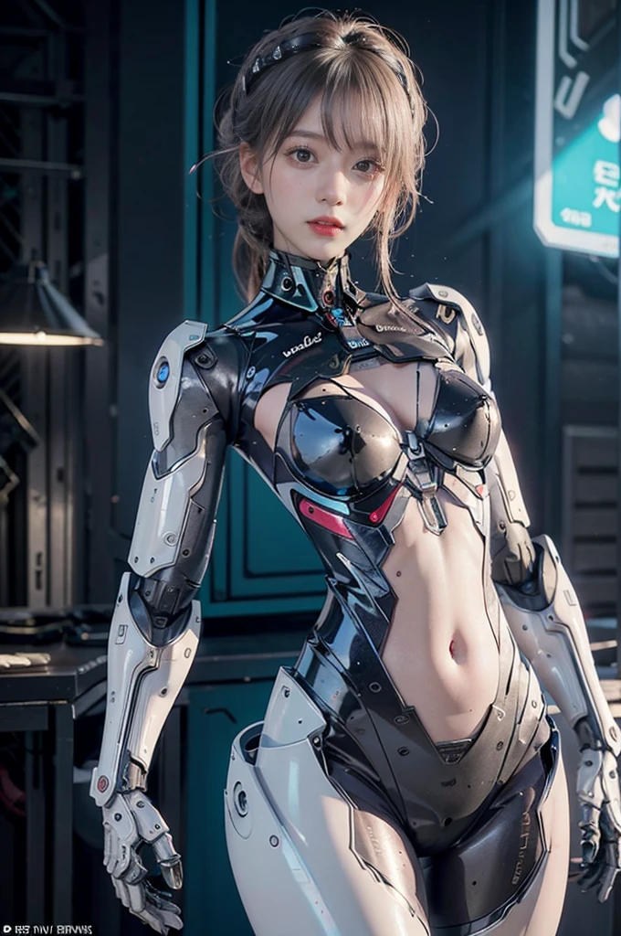 Extremely cute human eighteen year old girl face in cyberpunk city, human torso, human huge boobs, human abdomen, human hips, robotic arms, white suite, two tone, mechanical legs, arms and legs with hard white shiny shell and black joints, very beautiful and feminine, short, petite, small, small, busty buttocks, medium bust, cleavage display, flat belly display, partial helmet with antenna on the ear, halo, black robot joints, very stylish, award-winning product design, black rubber tights, The shiny white metal breastplate opens at the cleavage and abdomen, the white metal buttocks are wrinkled, and the armor has stylish, glowing trims