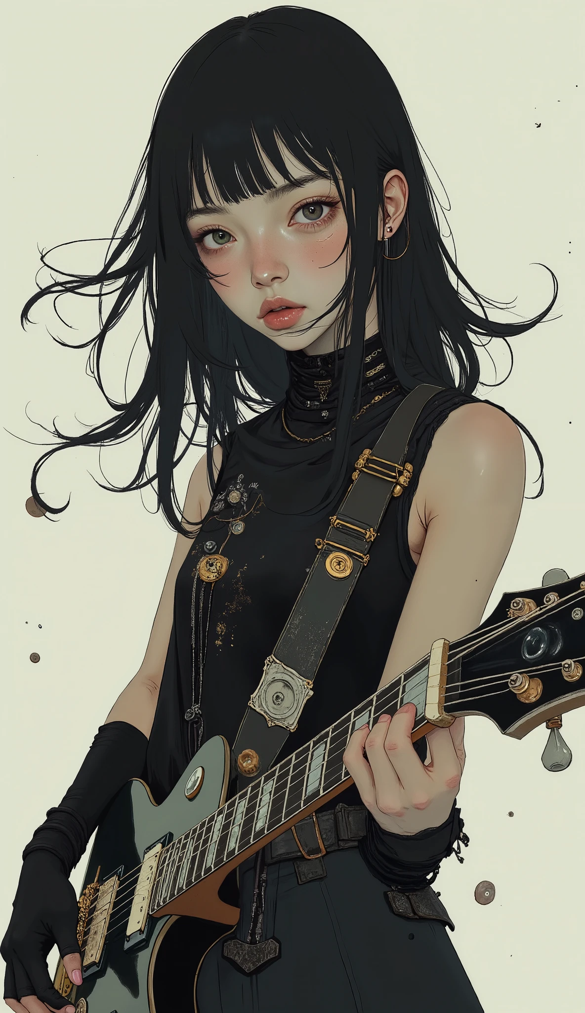 Long Women, 。flowing black hair has an electric guitar in it a lively, dynamic pose. she says 、I'm wearing a striking sleeveless black dress adorned with textured fabric details that add depth and movement to clothing。. her ensemble includes、Black gloves without fingers, 、by arranging the guitars at an angle, the、to her look It has a rock and roll edge. The guitar she plays is mostly black, and、has contrasting white elements like pickguards and tuning knobs, iconic design. The lighting is bright, 。white background highlights the subject、creates vivid contrast, emphasizes her form and the smooth shape of the guitar. The composition is energetic, Arrange them diagonally, suggests the spirit of movement and performance. is、exudes a vivid and artistic sense of expression, captures the essence of dynamic musical moments.