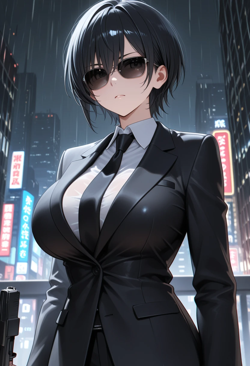 cute girl,(((1girl))),((anime girl with extremely cute and beautiful black hair walking seductively down the street)),
(Large breasts:1.4),(((black hair:1.35,colored inner hair,ear breathing,large hair,tomboy haircut))),((green eyes,perfect eyes,upturned eyes:1.3,beautiful detailed eyes,finely detailed beautiful eyes:1,big highlight on eyes:1.2,slanted eyes)),((fat)),((lustrous skin:1.5,bright skin: 1.5,skin tanned,shiny skin,very shiny skin,shiny body,plastic glitter skin,exaggerated shiny skin))),(spider lower abdomen,narrow waist,wide hip,athletic body,inflated legs,delicate detailed fingers,detailed body,detailed arms,human hands,(detailed face)),
cute,slutty,seductive,erotic,(((nsfw))),
((((glasses)))),(((wearing white formal blazer,black formal pants,))),(((huge cleavage))),(detailed outfit,detailed clothes),
(dynamic pose:1.0),solo focus,embarrassed,centered,scale to fit dimensions,Rule of thirds,
outdoors,((night view)),(very pretty city neon synthwave,cyberpunk night street Background:1.5,dark sky,thick clouds),future vehicles,((neon lights)),thick clouds,(cyberpunk style,neon lights, (synthwave theme background), lonely street),(((detailed background:1.25))),
(best quality),(high resolution),(sharp focus),(ultra detailed),(extremely detailed),(extremely high quality artwork),8k_wallpaper,(extremely detailed CG 8k),(very fine 8K CG),((hyper super ultra detailed perfect piece)),flawless,(((masterpiece))),illustration,vibrant colors,(intricate),High contrast,Selective lighting,Double exposure,HDR (High Dynamic Range),Post-processing,Background blur,