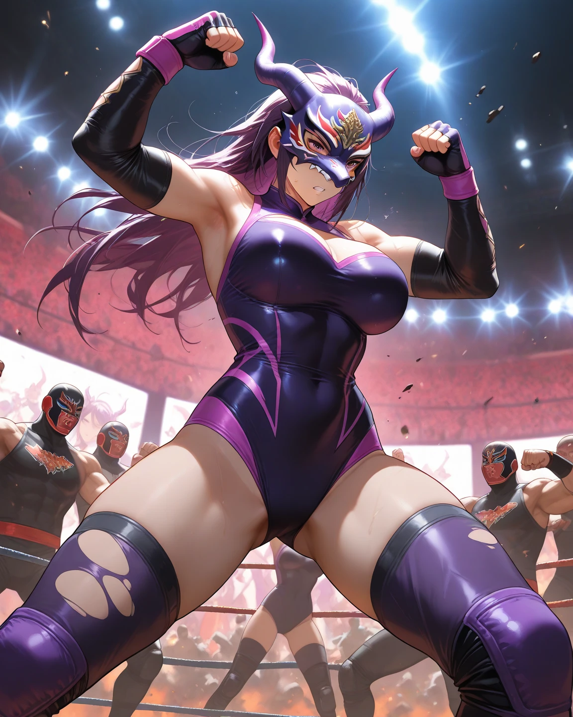 masterpiece, best quality, sprCamilla, fake rabbit ears, black leotard, elbow gloves, black pantyhose, from side, smile, huge breasts, looking at viewer, ((Tight leotard)), ((sexy pose)), ((Wrestling ring))