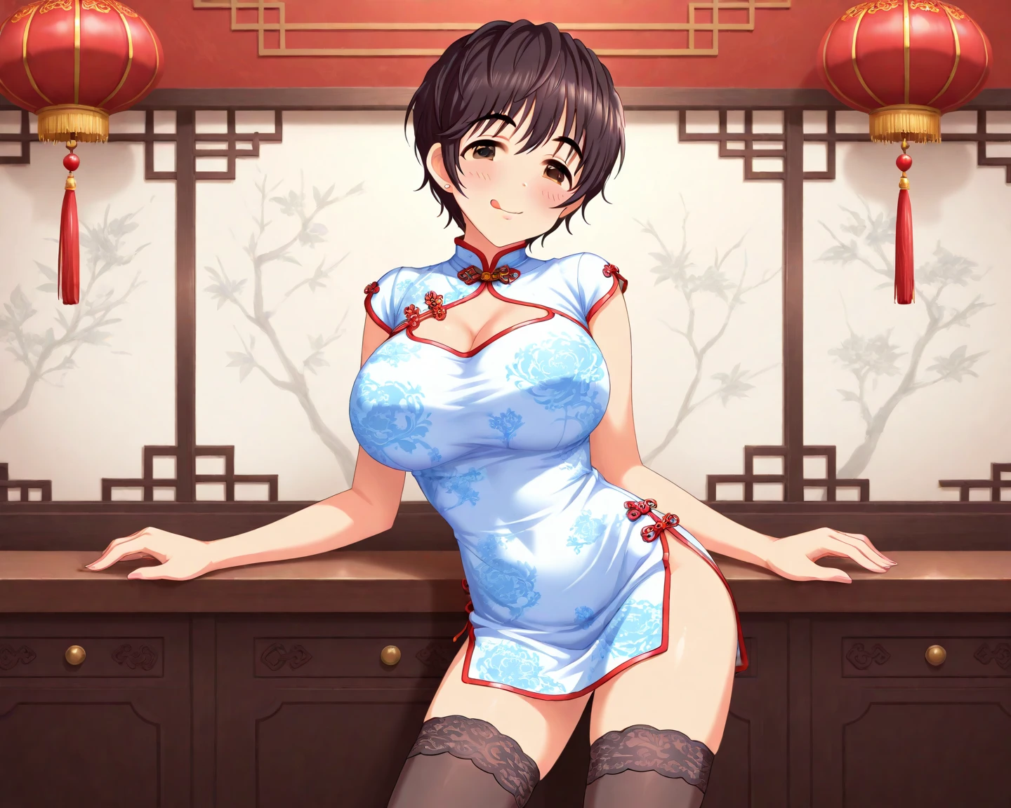 1lady solo, /(red cheongsam with floral embroidery/), mature female, /(black hair/) bangs, blush kind smile, (masterpiece best quality:1.2) delicate illustration ultra-detailed, large breasts BREAK /(chinese restaurant indoors/) /(basket dim sum/)