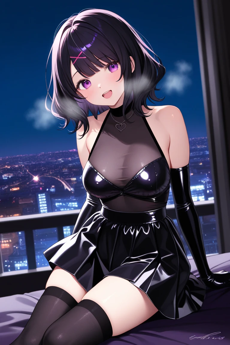 {lady with shoulder-length black hair named Rico}, business suits,tall,''short hair,lovestruck,grossy lips, (It feels like saying Hello, daytime hours), indoor,{going out style}, ((Heart-shaped choker) ), (office room), Bright background,purple eyes, Mole under the eye, Heart-shaped choker, ((Masterpiece)), Highly detailed CG Unity 8k wallpaper), Top quality,, Detailed background, beautifully detailed eyes, heart shaped pupils,hollow eyes, looking at viewer,(very delicate and beautiful)), ((beautiful) eyes (detailed description),extra large breasts, browse,shirts,black vest,floating heart,sadistic smile,growing eyes,try to show me panty and lingerie,black lace,shirts,earring,from side,stick out ass,tight skirt,thighhigh,put hands on skirt,glowing eyes,,garter,no sleeve