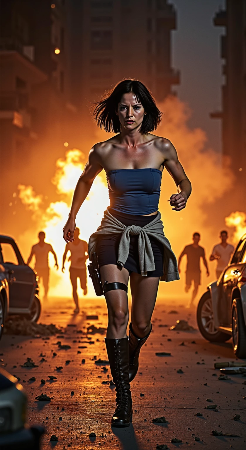Battlefield background at night,Huge explosion,Exploded buildings,A man in a blue one-piece tactical swimsuit,Black sneakers,Close-up shot of short-haired girl running with gun holster tied on her leg,Full body close-up,Realism