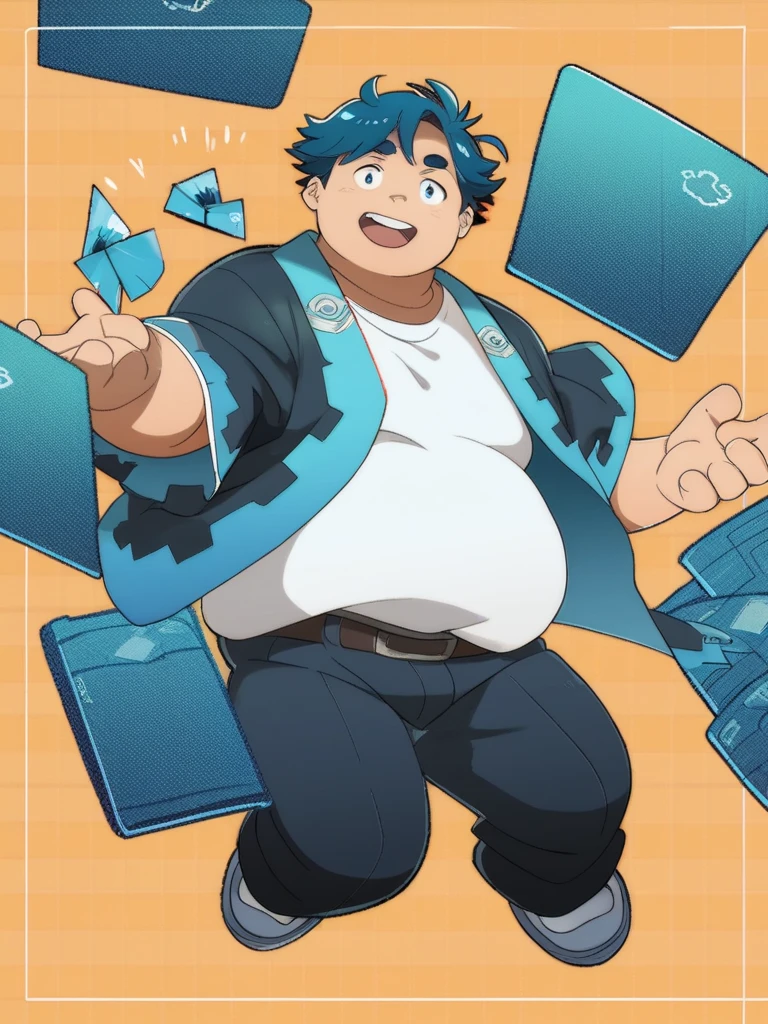 Full Body Blue, Body Noise-Sensing, as a computer folder, Wearing School Uniform, chubby , cute, with a big belly to reveal clothes, Fatty, No Glasses , With hair, Overweight, Big belly, anime style