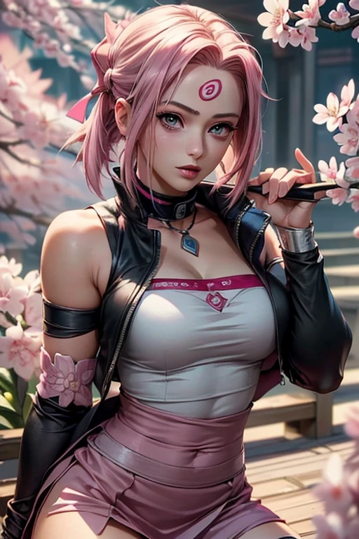 (Masterpiece), (Best Quality), Reality, Cinematic Light, 16yo Girl, (1 Girl), Solo, Sakura Haruno, Sakura Naruto, Cool Pose, Battlefield Background, Perfect Figure, Green Eyes, Pink Hair, 4K, HD