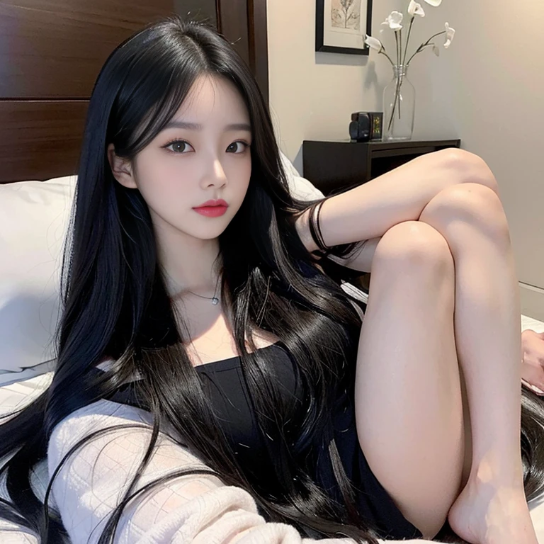 highest quality, Highest Resolution, masterpiece, Super detailed, Beautiful woman, Black Hair, Long Hair, Golden Eyes, Pink Lips, indoor, Inside the room, sunlight, Bright light, Embarrassed look, Big Breasts, Big Hips, Big Ass, Flowing hair, Lying in bed, whole body, Front view,  