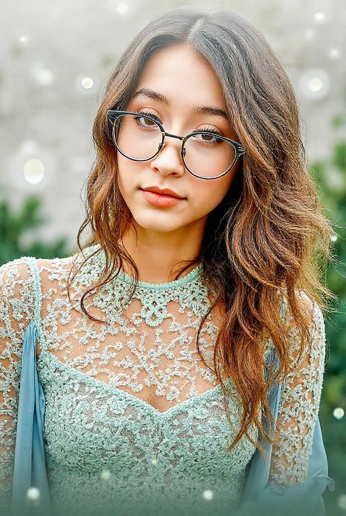 Girl with medium curly brunette hair, light brown tone with golden tips, medium blonde,slim, medium chest, brown eyes, dressed as spider men, wearing a purple glasses with gentle smile expression.
