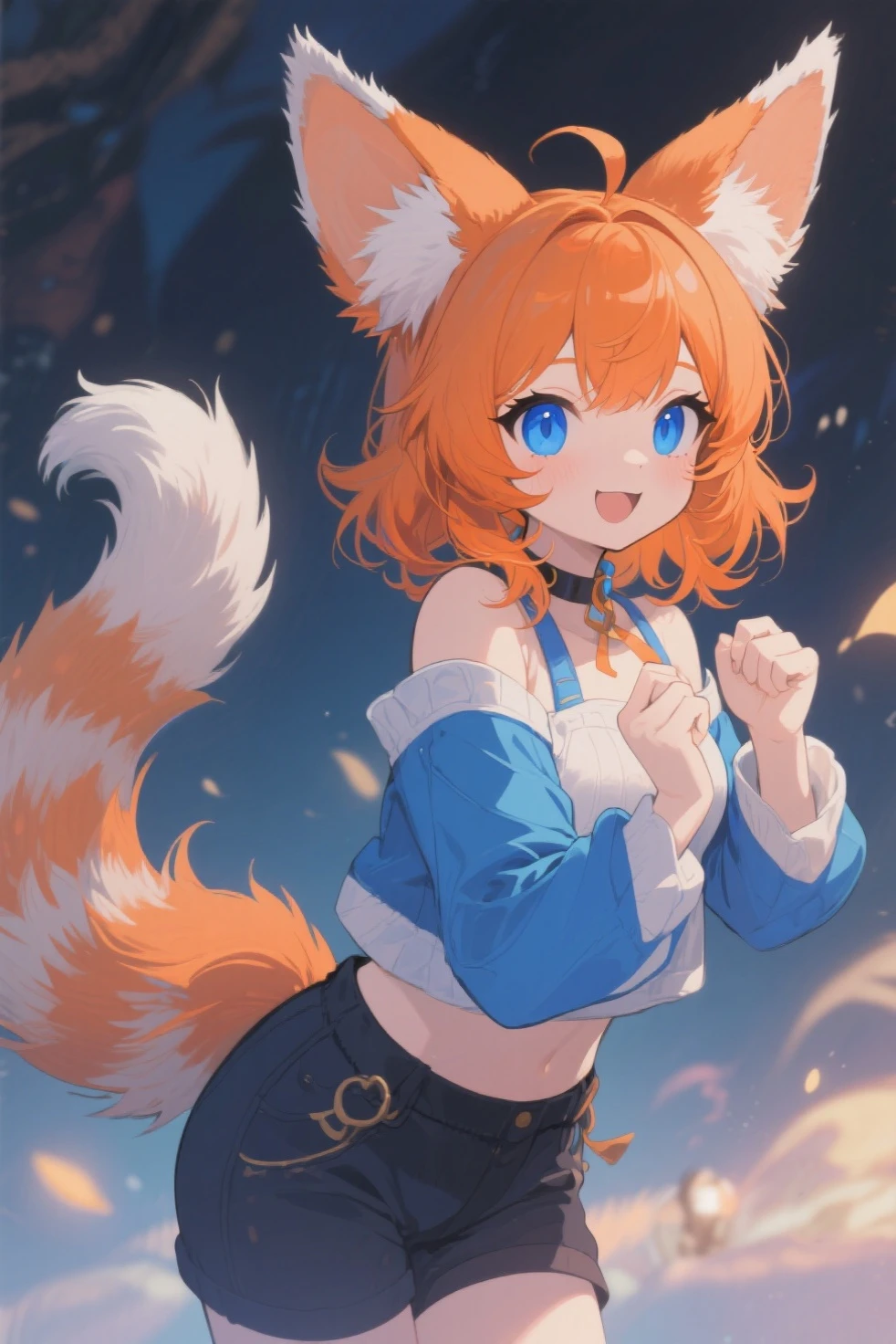 (masterpiece, best quality: 1.2), high resolution, high quality, fox girl, cute , smile, outfit random, orange hair, a fang, spiritual aura, sitting, sideways