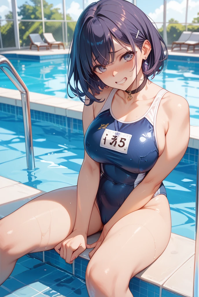 (Unity 16K Wallpaper, masutepiece, Best Quality, Ultra-detailed, extremely details CG, Caustics, Cinematic lighting, Detailed, Beautiful detailed eyes, Solo,Pool side),Ultra High Resolution, Fine skin、A sexy,NSFW,(School Swimsuit:1.3), small tits,14years、Blue eyes、Perm Hair, Red cheeks, embarrassed from,Sitting, Spread legs wide, a pixie cut,blue hairs