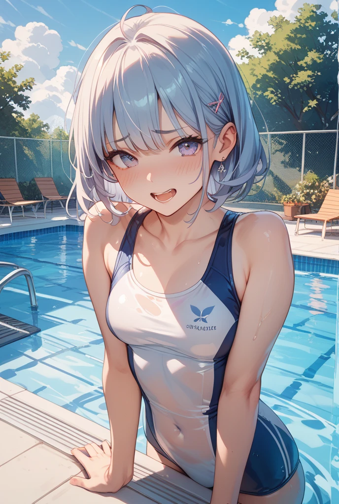 origamitobiichi, Origami Tobiichi Casual, short hair, blue eyes, happy smile, smile, Shut your mouth.,Medium Breast,smile,Wet swimsuit,Wet Hair,Wet Skin,whole bodyがイラストに入るように,School Swimsuit,School Swimsuitを着た群衆,student,sunny,Daytime,
break outdoors ,School,Outdoor swimming pool,
break looking at viewer, whole body,
break (masterpiece:1.2), highest quality, High resolution, unity 8k wallpaper, (shape:0.8), (Beautiful details:1.6), Highly detailed face, Perfect lighting, Highly detailed CG, (Perfect hands, Perfect Anatomy),