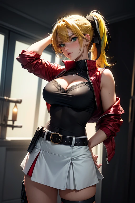 (very delicate and beautiful:1.2)super model,perfect shape,girl's,,Thighhighs,beautiful feet,beret,gentle expression,spoiled look,Innocent face,ミニskirt,big breasts,beautiful breasts,voluptuous,bike shorts,,givenchy,masterpiece, highest quality, High resolution, 8K, , skirt, uniform, short hair, messy hair, blush, sexy pose, big breasts, seductive pose, sweating,, sweating, cityscape, vivid details, super detail, realistic skin texture, Surface details, Beautiful eyes in every detail, medium full shot, Girl holding a sword,flame background,