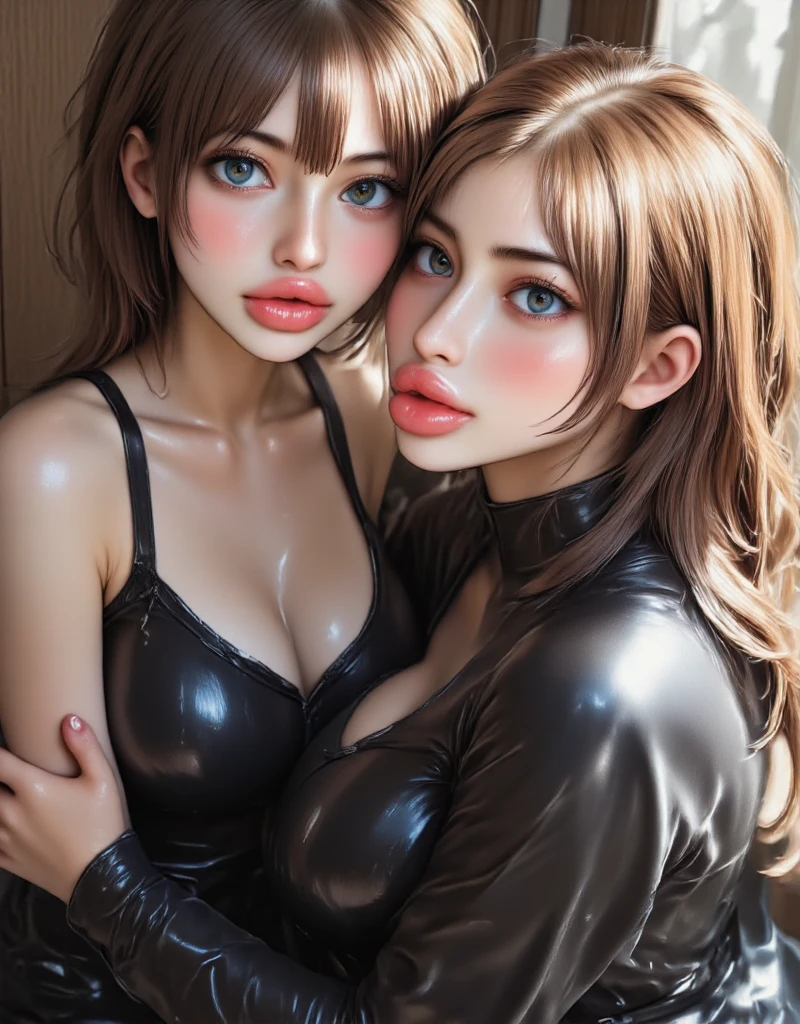 Photo, (((2heads:1, conjoined_dicephalus:1.5, two heads:1.5))), **Render**: full body, girl, (((((one person))))), feminine face, no facial hair, no body hair, cute face, detailed skin, detailed eye, Rendering in highly detailed 4K resolution, two-headed, ~25 years old, ((Silver/White Cat Ears)), (Chinese woman), (standing in the middle of a kitchen), dressed in a ((white shirt)), ((red eyeshadow/lipstick/nails)), ((silver straight hair)), ((puckering her lips)), ((extending her arms towards the camera as if offering a warm welcome))