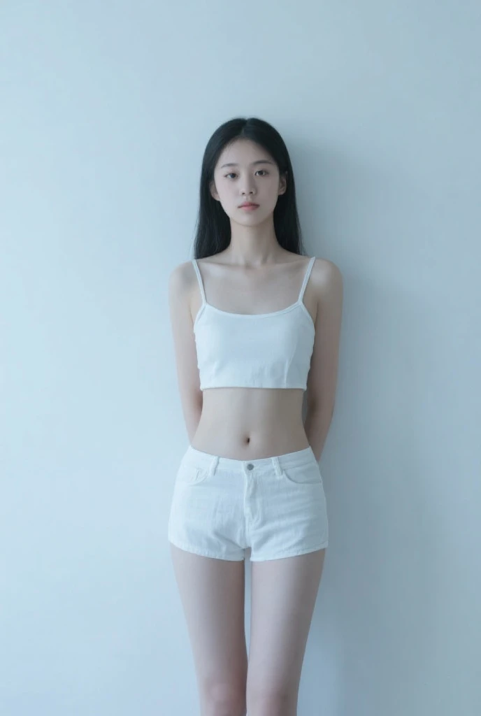 RAW photo, bokeh (realism: 1.4, realistic), high detail CG unified 8K wallpaper, ((1girl)), (HQ skin: 1.4), 8k uhd, dslr, front lighting, high quality, Fujifilm XT3, 22 years old female with long hair wearing detailed micro bra and short pants,((slim body, skinny, natural breast)),(((height:163cm))), (cleavage), (looking at viewer), ((ultra detailed room background))), ((full body:1.6))
