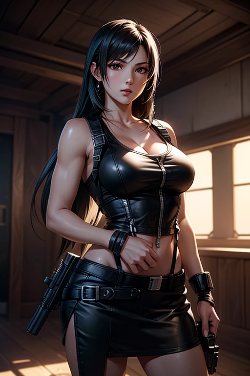 tifa lockhart, 1 Girl, (Low Angle), (Super Detail, best quality), (Look away:1.4), (Serious), , Huge breasts, Showing cleavage,Perfect body,Her graceful figure, Slim waist,Curve symmetry, , cleveage, (White movement), (red fingerless gloves), (Black pencil skirt), show off, (white underwear), (Black suspenders), (Black Belt), (Black loose ankle socks), (red high top shoes)