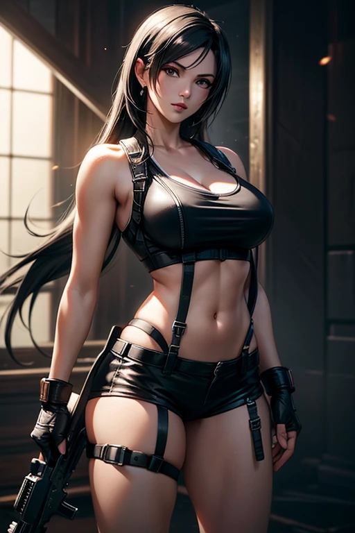 Tifa lockhart, Final fantasy (best quality,4k,8k,highres,masterpiece:1.2),ultra-detailed,(realistic,photorealistic,photo-realistic:1.37),illustration,fantasy,beautiful detailed eyes,beautiful detailed lips,extremely detailed eyes and face,long eyelashes,Tifa's stunning beauty,confident stance,flowing black hair,fierce and determined expression,captivating smile,impressive muscles and toned physique,fighting pose,unique punk-inspired attire,white tank top and leather suspenders,long black trousers and gloves,thigh-high boots with metal buckles,Tifa's signature oversized metal gauntlets,garden background with vibrant flowers and plants,sunlight filtering through the trees,soft and warm color palette,stunning lighting effects,highlighting Tifa's features,dynamic and energetic atmosphere,vivid colors and rich textures,attention to small details like Tifa's intricate jewelry and accessories,close-up shots showcasing Tifa's intense gaze and focused determination,emphasis on the amazing Level of detail in Tifa's face and clothing,realistic shadows and highlights,creating depth and dimension,combining both a realistic and artistic style,enriched with fantasy elements and magic effects,showcasing Tifa's combat skills and powerful punches,dynamic movement and action,creating a sense of excitement and adventure.