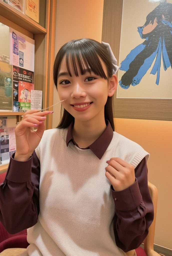 (1 girl:1.0),15 years old,(small brests:1.2),(skinny:1.2),high school student,beautiful girl,(short ponytails:1.2),akb48,nogizaka46, beautiful girl,school girl,sitting chair,(cowboyshot:1.0),fullbody, red ribbon, short sleeve white blouse, navy pleated skirt,front face,(front view:1.0),looking at viewer,office,(full-face blush:1.5),(smile:1.2),(presenting panties:1.5),blue panties,(facial:1.7),(cum on face:1.7),(cum on panties:1.8),