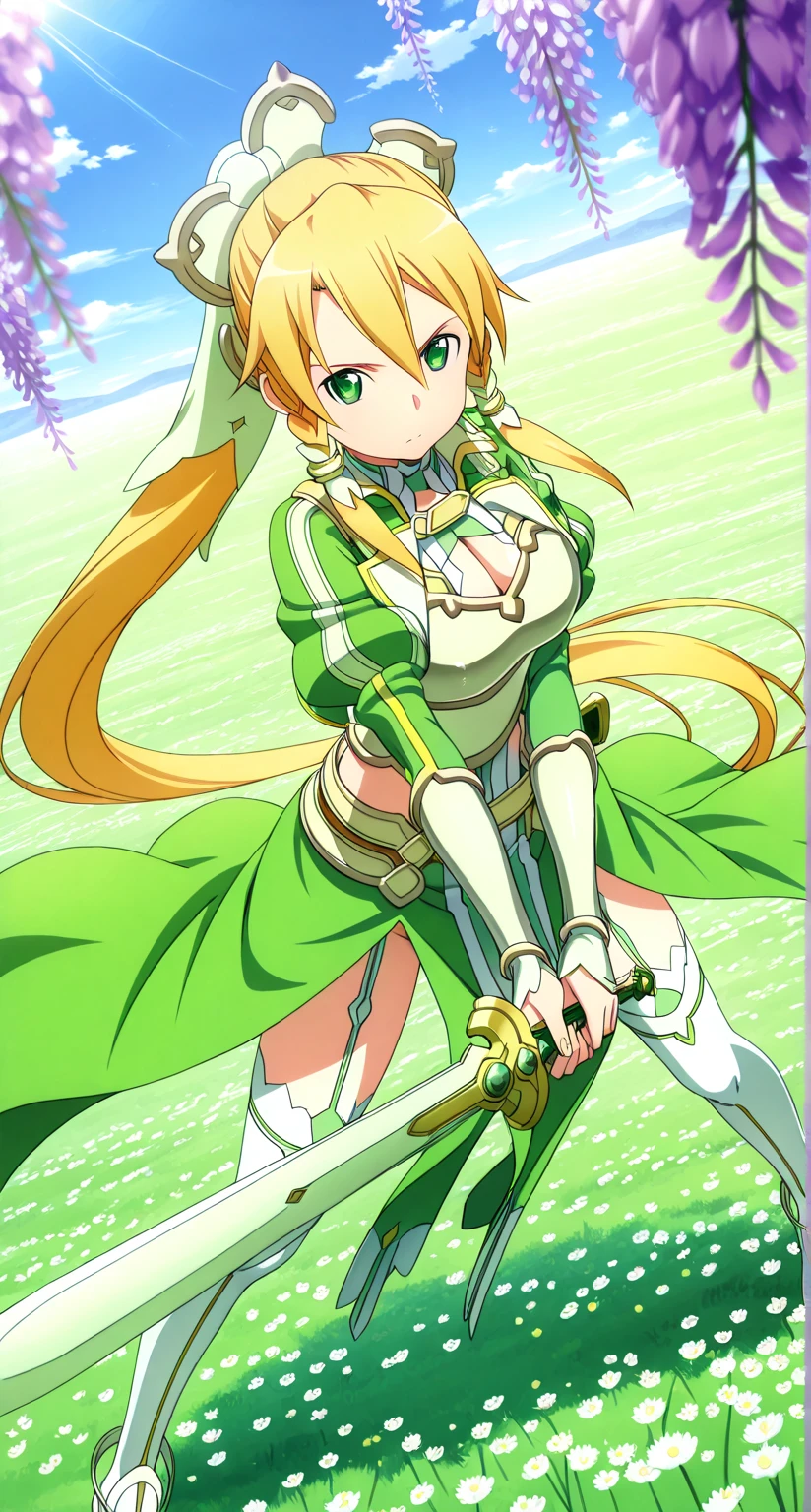 masterpiece,best quality,highres,ultra-detailed,masterpiece,detailed illustration,1girl,leafa (sao),shiny beautiful woman,dynamic angle,depth of field,green eyes,blonde hair,very long hair,ponytail,braid,hair ornament,cleavage,dress,green dress,armor,breastplate,faulds,white thighhighs,white footwear,boots,thigh boots,high heel boots,high heels,field of flowers,sunlight,clear sky,wisteria flowers,looking at viewer,standing,open legs,holding green sword,two-handed,brave perspective,dynamic pose,sword focus