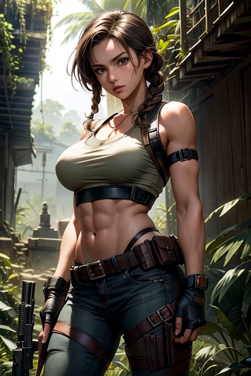 Lara Croft doppelganger, cosplay completo de Lara Croft Tomb rider, Botas, bermuda, top, armas ba cintura, escalando uma montanha rochosa muito alta, entatmrdecer com por do sol.