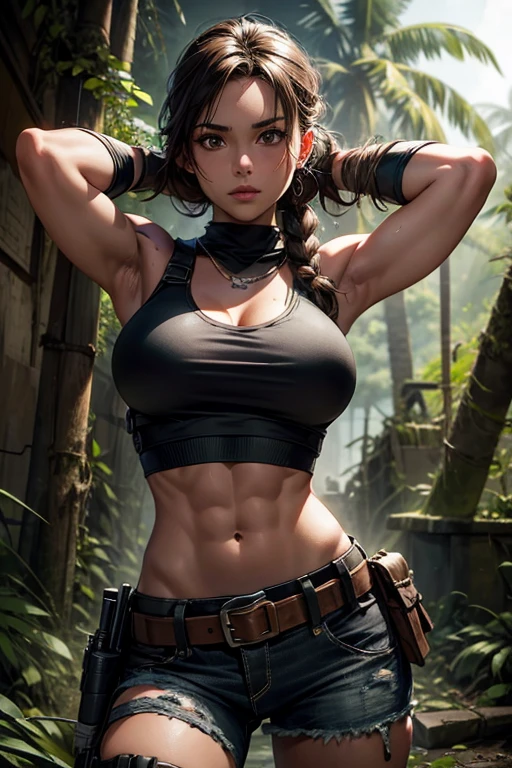 gorgeous muscle female amazon, minimal savage primitive cloths, prehistoric, prehistoric forest
