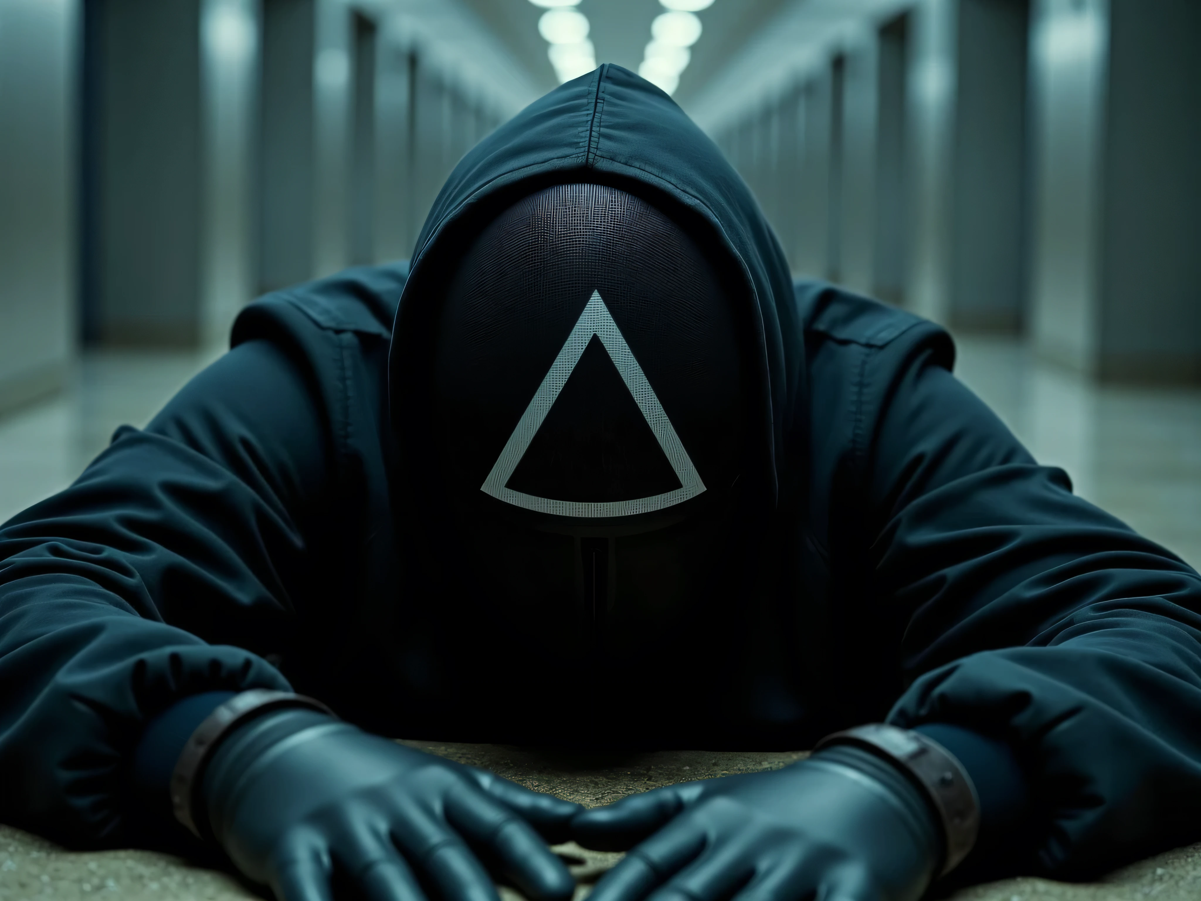 Cinematic close-up of a masked man lying flat on the ground, appearing dead. His mask is matte black, emotionless, and geometric — shaped like a minimalist, angular human face with sharp cheekbones, no visible mouth, and hollow triangle-shaped eye sockets. The mask surface is flawless and smooth, with no scratches or damage, reflecting a faint silvery sheen under intense cinematic lighting. His entire outfit is jet-black: a high-collared tactical trench coat made of thick, armored fabric with subtle stitching details, black leather gloves, and form-fitting black combat gear underneath. The shot is front-facing and extremely close — zoomed tightly on the masked face only, no skin visible, no human features exposed. The lighting is BRIGHT and clinical, no darkness or shadows, with cinematic color grading that adds a crisp teal-orange film tone. The mood is eerie and mysterious, like a high-budget Netflix thriller. Photorealistic. 8K detail. Hyperreal texture. Ultra-sharp focus.
