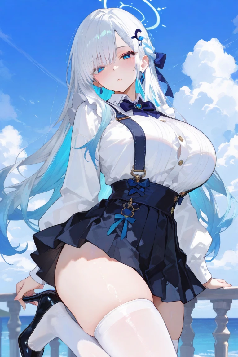 1girl, silver colored double massive braids, blue eyes, big breasts, big butt, thick thighs, tight white crop top which exposes her midriff with an unbuttoned black formal suit, very short black tennis skirt which is pulled down to hide her private parts but exposes her ass crack, black transparent socks, leather shoes, no bra, no panties, due to her suit being unbuttoned, her crop top and belly is exposed.