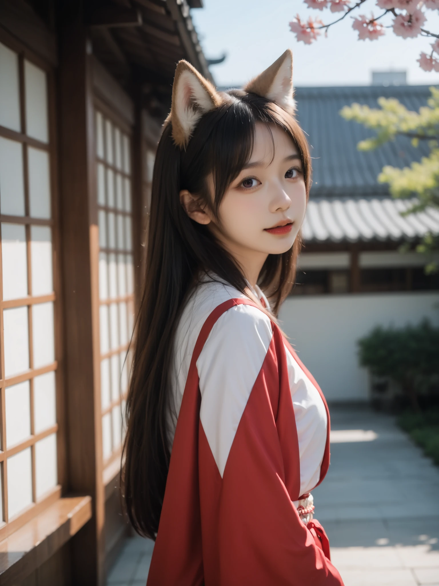 1 girl, super high resolution, (realistic, photorealistic: 1.48), omertosa, 1girl, (Kpop idol), (aegyo sal: 1), cute, bokeh, night, professional lighting, detail lighting, photon mapping, radiosity, physically based rendering, backlighting, depth of field, hard focus, film grain, one meter shooting distance, professional shot, shot with Sony a9 II mirrorless camera, detailed eyes, detailed Eyes, realistic eyes, detailed shadows, look on viewer, dog ears, detailed lighting, (detailed hair, realistic hair, realistic lighting, realistic shadows, realistic clothing), realistic skin, cherry blossoms, white miko kimono, full body, Japanese shrine, asian woman, long pink hair, animal ears, purple eyes, sleeveless top, wide separate sleeves, golden details, ((red japanese temple, sakura blossoms))ภาพมุมมองหลายด้าน, ภาพมุมมองสามด้าน,