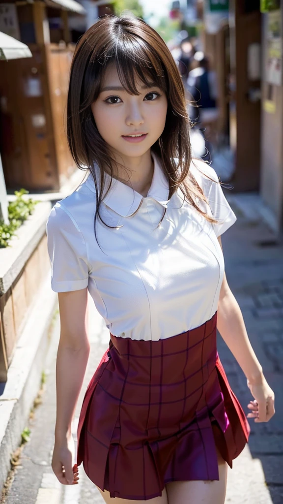 (8K、RAW Photos、maximum quality、Masterpiece artwork:1.2)、(realisitic、Photorealistic:1.2)、1 western girl、western woman beauty ((white shirt with long sleeves、a sailor suit、red necktie、Navy blue pleated skirt))、（high school girl）、age 28、Roll up skirt、big eyelash girls、Lame in dark red eyelids to the knee、Skeletally correct、open groin、wavy twintails、cute smile、sweaty body、attractive body beautiful perfect body、Emphasis on line V、hands behind head、、