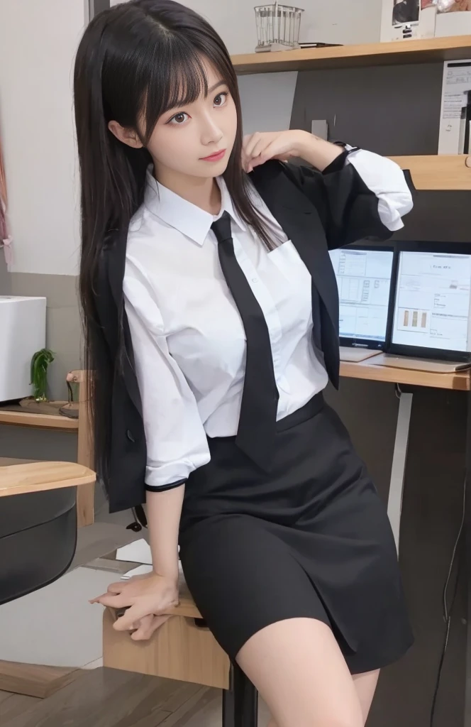 masterpiece, best quality, photorealistic, raw photo, DSLR, beautiful Japanese girl, 15-year-old, solo, highly detailed fair skin, shiny skin, realistic face, beautiful face, (highly detailed realistic eyes), beautiful eyes, bright eyes, double eyelids, look at viewer, (black short hair), (dark short hair), bangs, disheveled hair, slim figure, slim face, big breasts, ((white short sleeve collar shirt, office vest, black tight mini skirt, sit office chair)), beautiful lighting, perfect lighting, realistic shadows, highly detailed, highly delicate and beautiful, ultra high resolution, 8k UHD wallpaper,