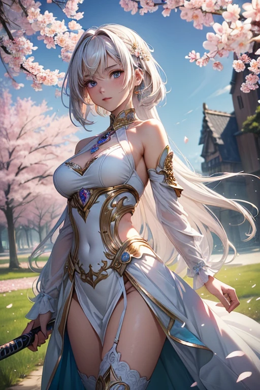 Sexy woman in white gold and pink lotus lace armor dress, chengwei pan on artstation, author:Yang Jie, Detailed fantasy art, Stunning character art, Best Art Sites for Fan Art, Epic and beautiful character art, Beautiful armor, Extremely detailed artger, Detailed digital animation art, artgerm on artstation pixiv, Armor Girl, cleavage big breasts:1.2, (mini skirt:1,5)