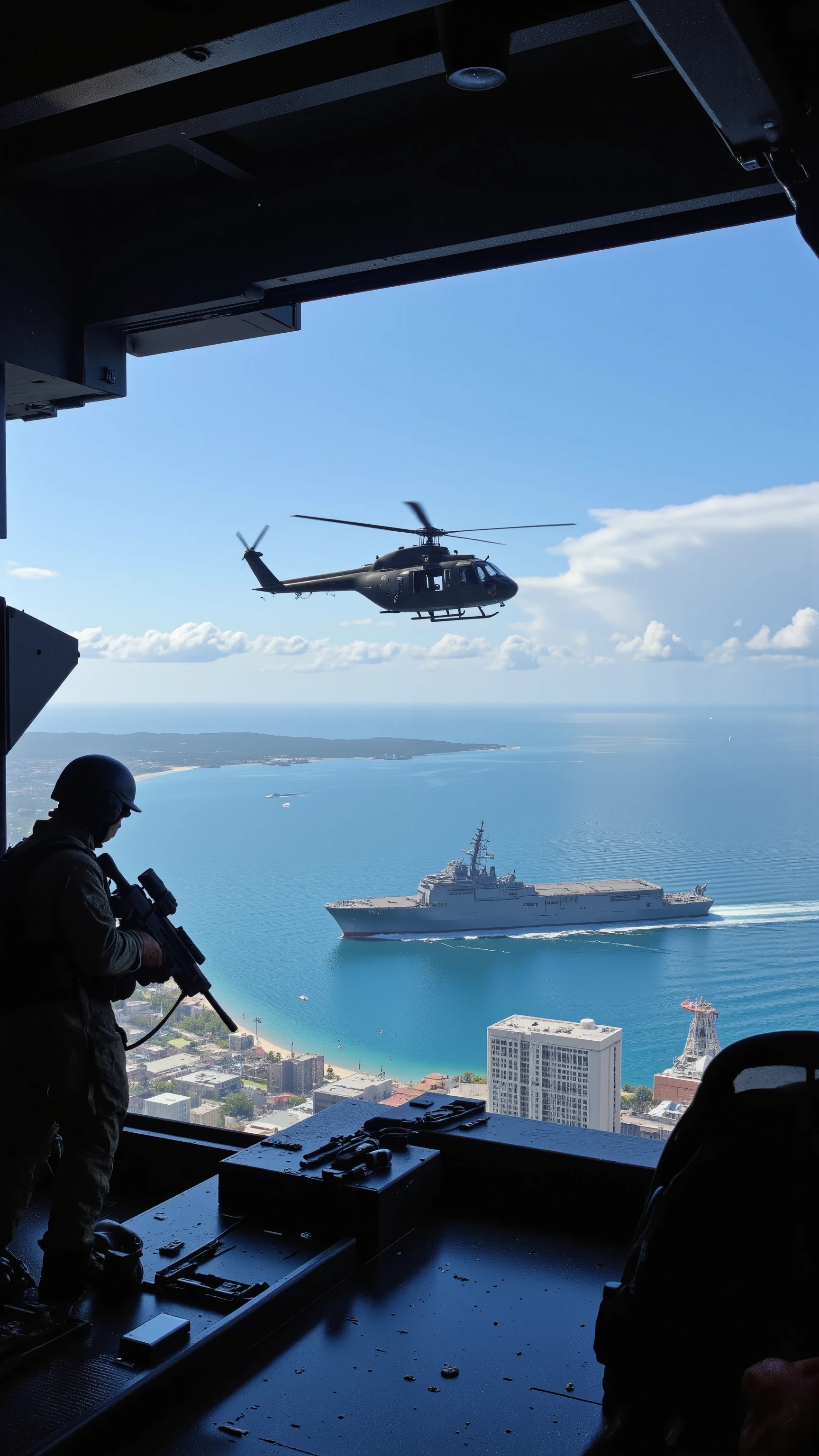 high resolution images、line of sight from a UH-1Z that performs military training at high altitude、creative ocean light images、UH-1Z shining in the blue sky、beautiful coastline of Florida、Marines holding a machine gun in a gunport at the edge、((masterpiece))dramatic midday ocean、below is an assault ship、with a view of the cityscape、the UH-1Z is in a position where you can see far。
