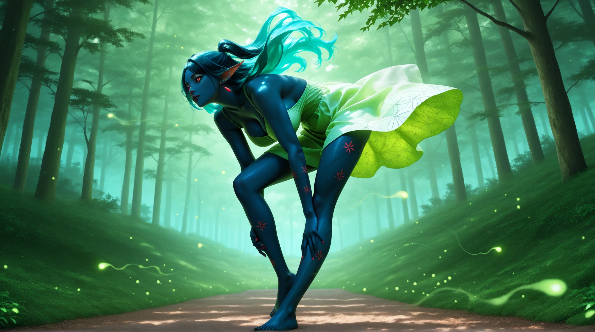 2D cartoon illustration, Disney style 2D illustration, SD mini-size body, SD small-size body, frontal Standing pose, (female dryad, wood skin, body mixture of trees and human), green forest background,