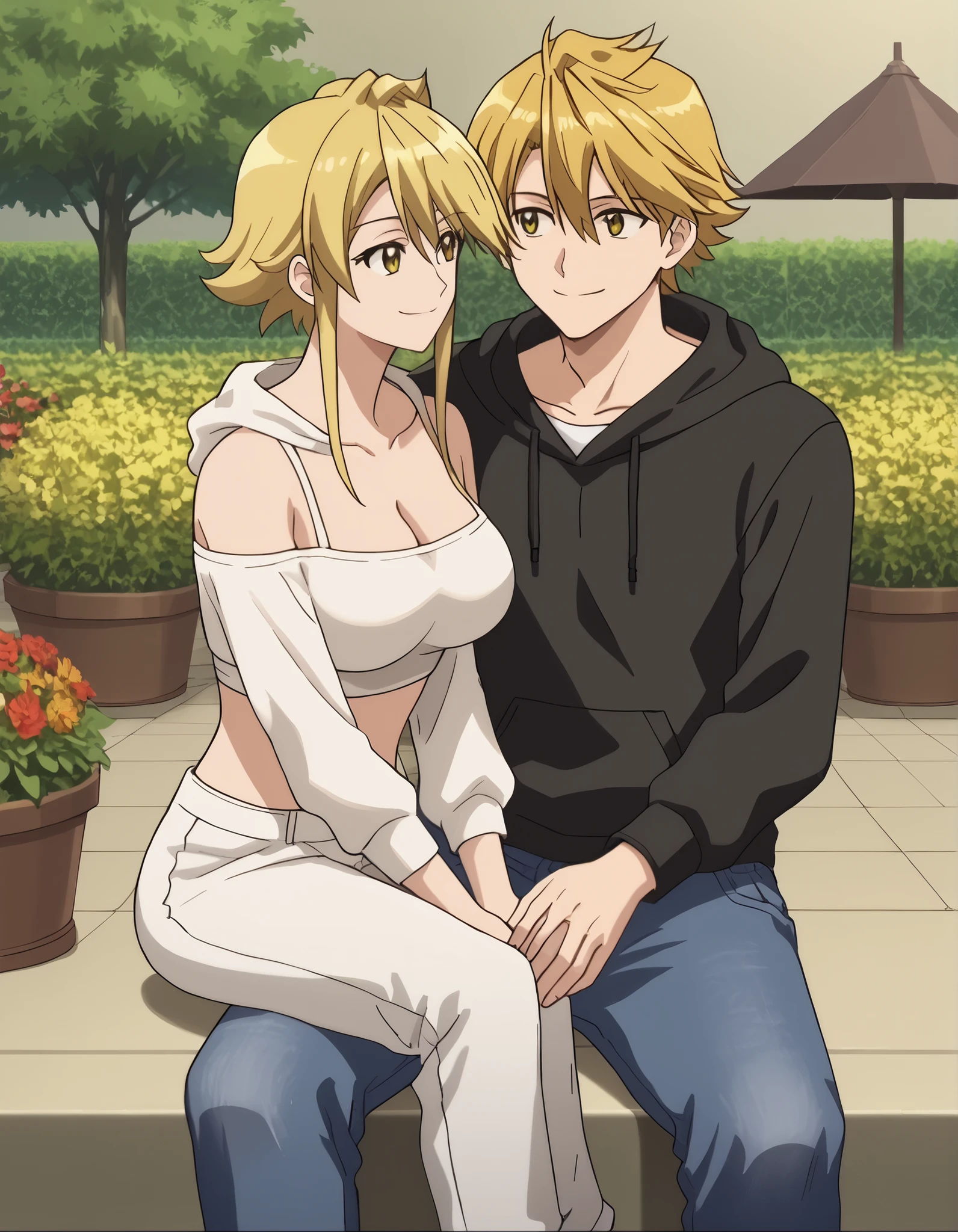 Couple male and female, anime, leone, short hair, anime screencap,big breasts, cleavage, smile, yellow eyes, wearing white crop top, jeans white sneakers, couple with arthur, arthur_pendragon_fate, blonde hair, wearing black hoodie, loose pants brown, white sneakers, couple, sit on garden, detailed face, HD quality